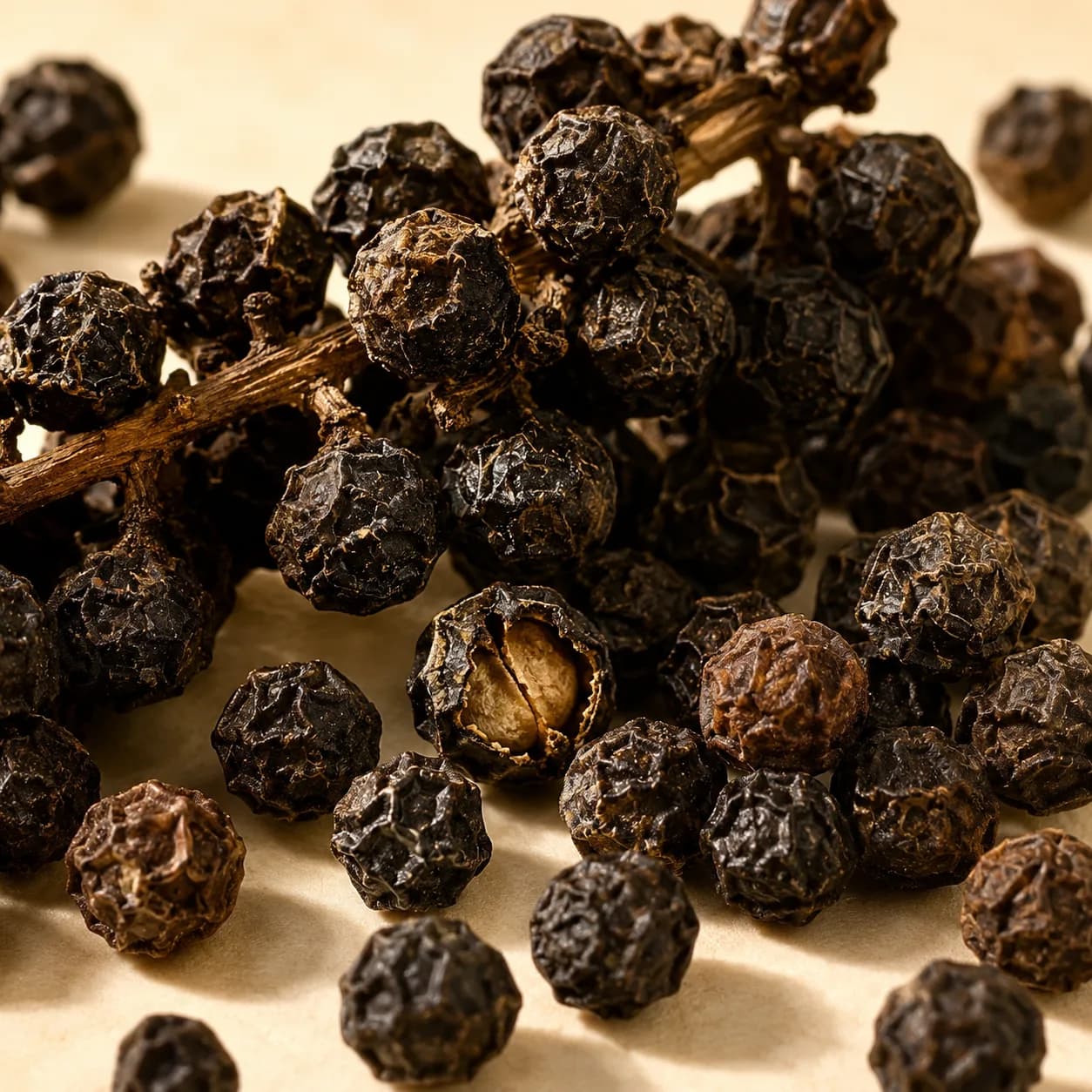 Black peppercorns with a dried stem cluster and cracked peppercorn