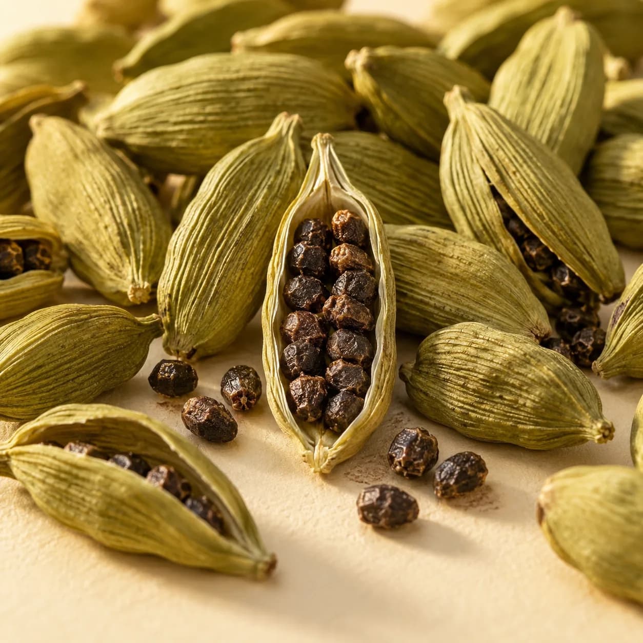 Green cardamom pods with one opened pod revealing dark seeds