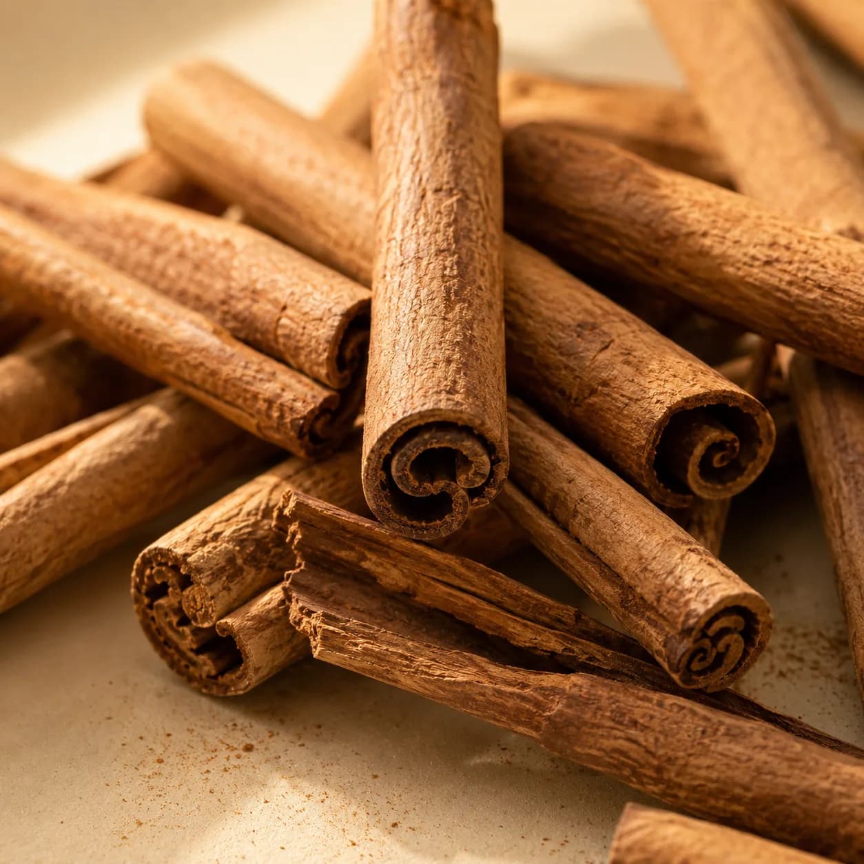 Layered cinnamon quills showing curled bark texture