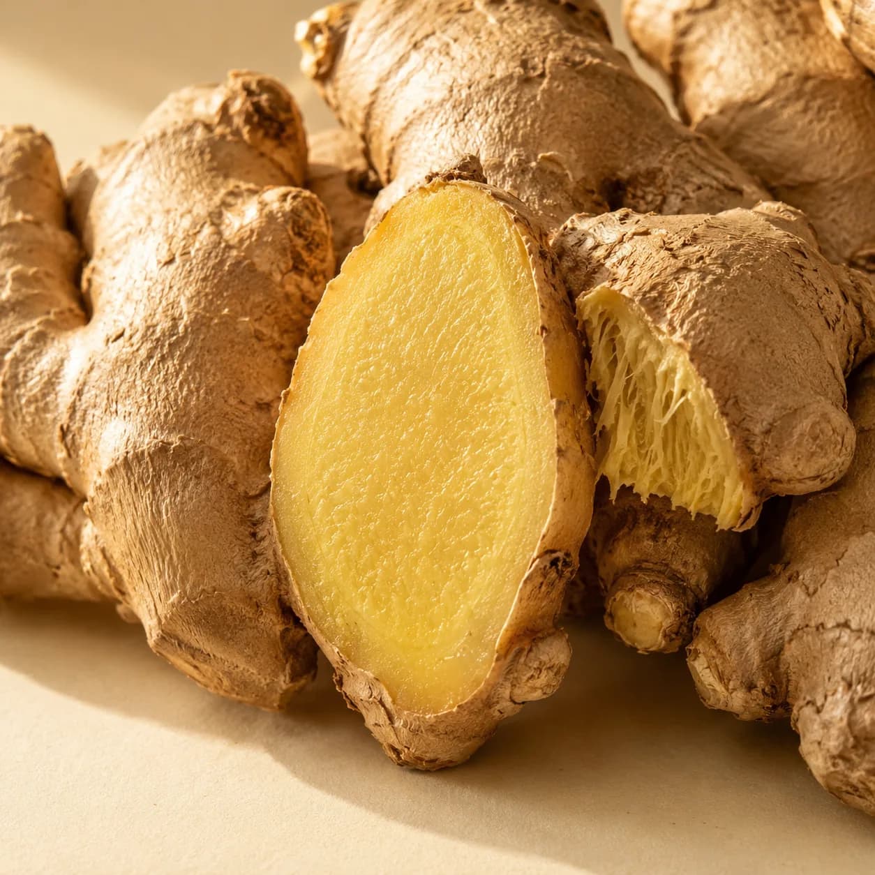 Fresh ginger roots with a sliced fibrous interior