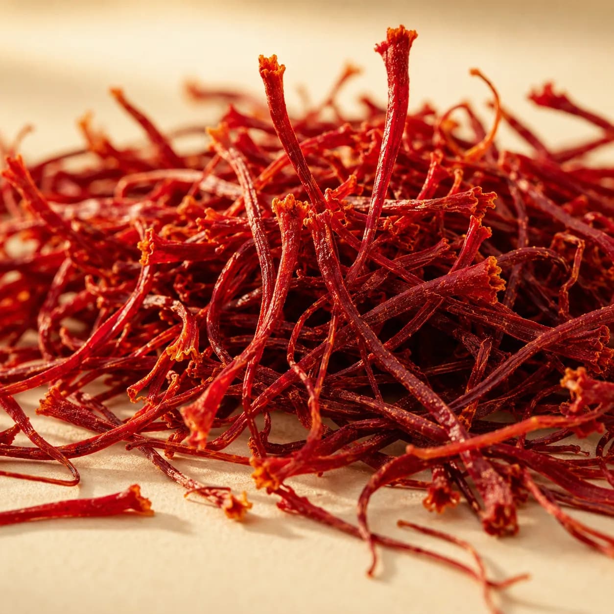 Close macro view of deep red saffron threads