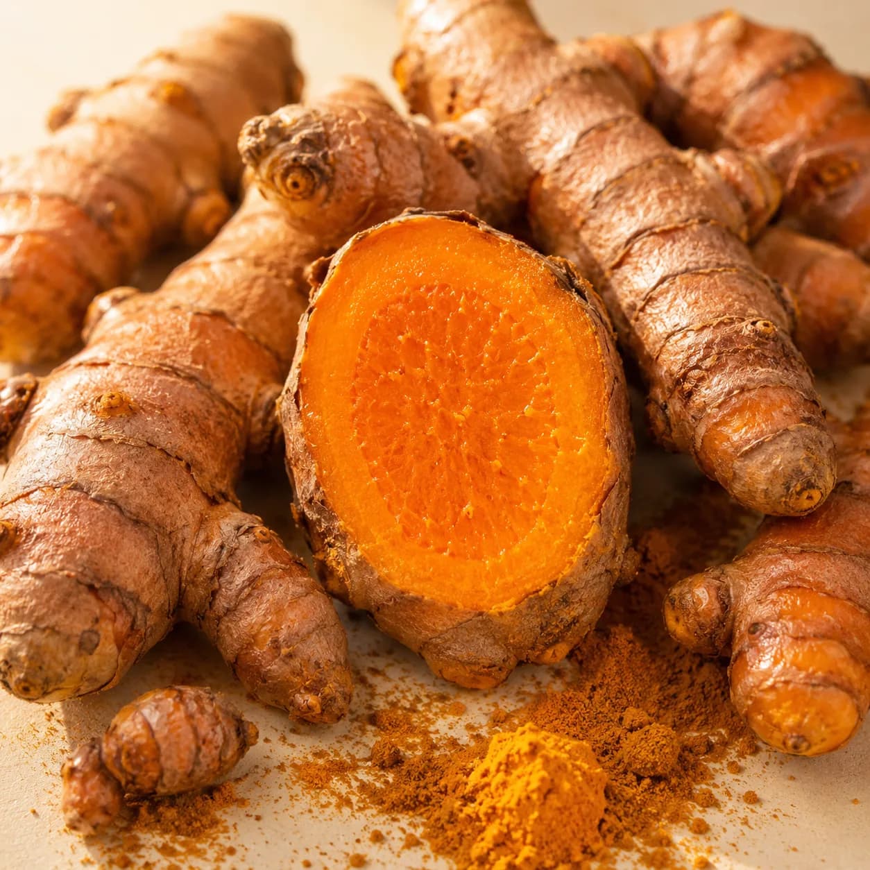 Fresh turmeric roots with a vivid orange cut section and ground turmeric